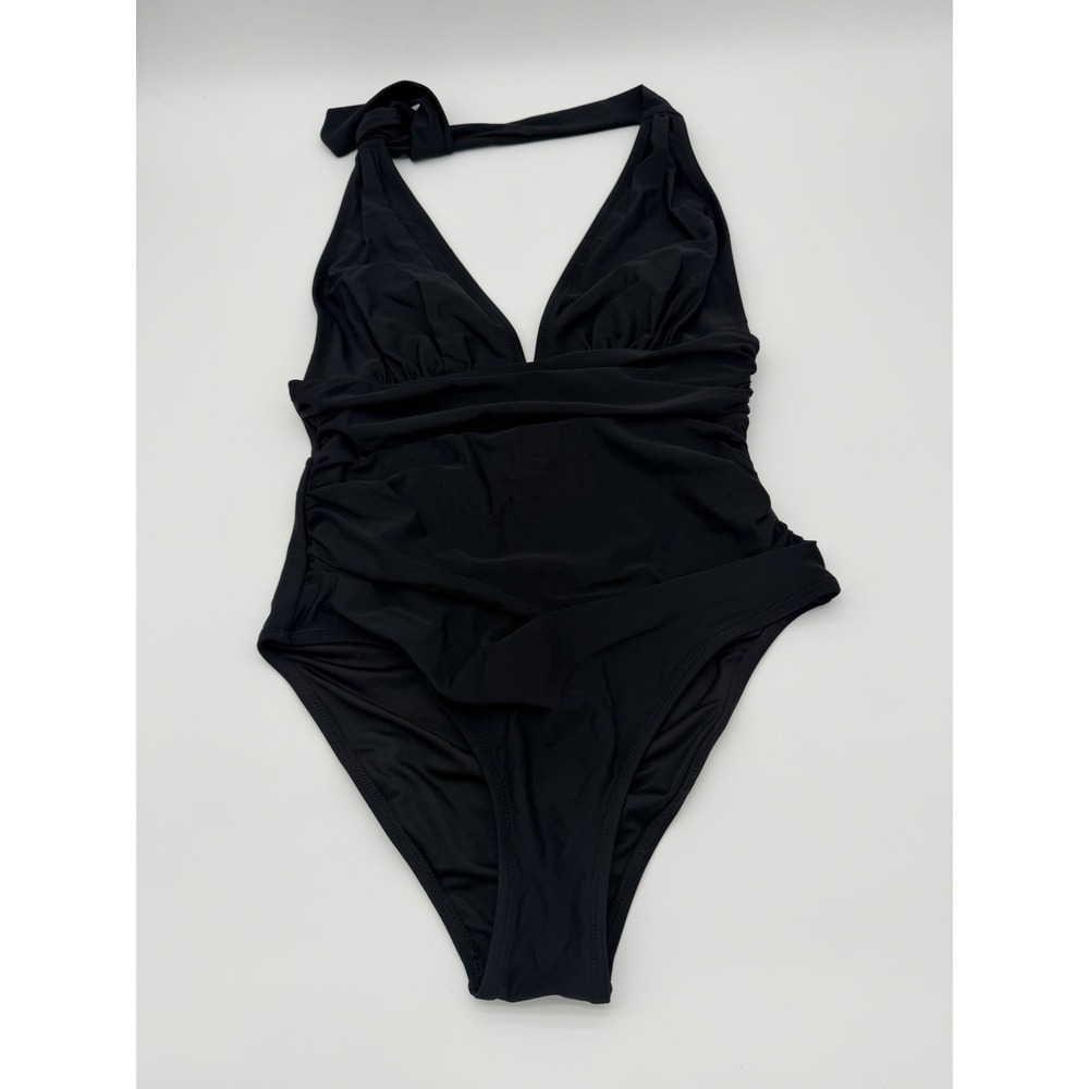 Black Plunge Halter One Piece Swimsuit-Small-Retro Glam-Goth-Sexy-Whimsigoth NEW
